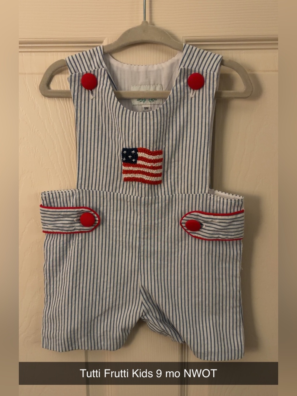 Blue & White Striped American Flag Overalls - 9M